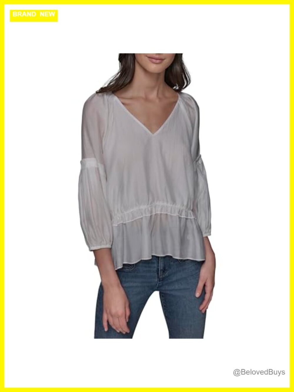 Karl Lagerfeld V-Neck Ruffle Hem Blouse Long Sleeve Classic Fit